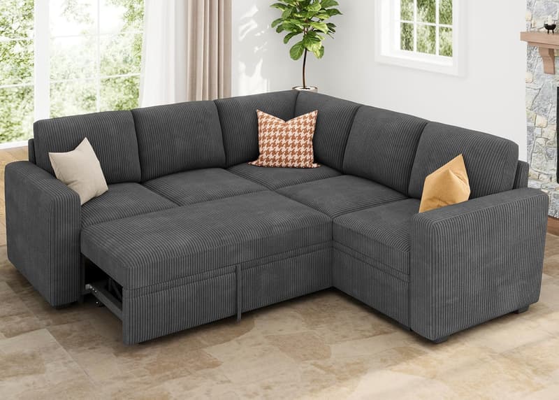 Convertible Dark Grey Corduroy Sectional Sofa with Storage