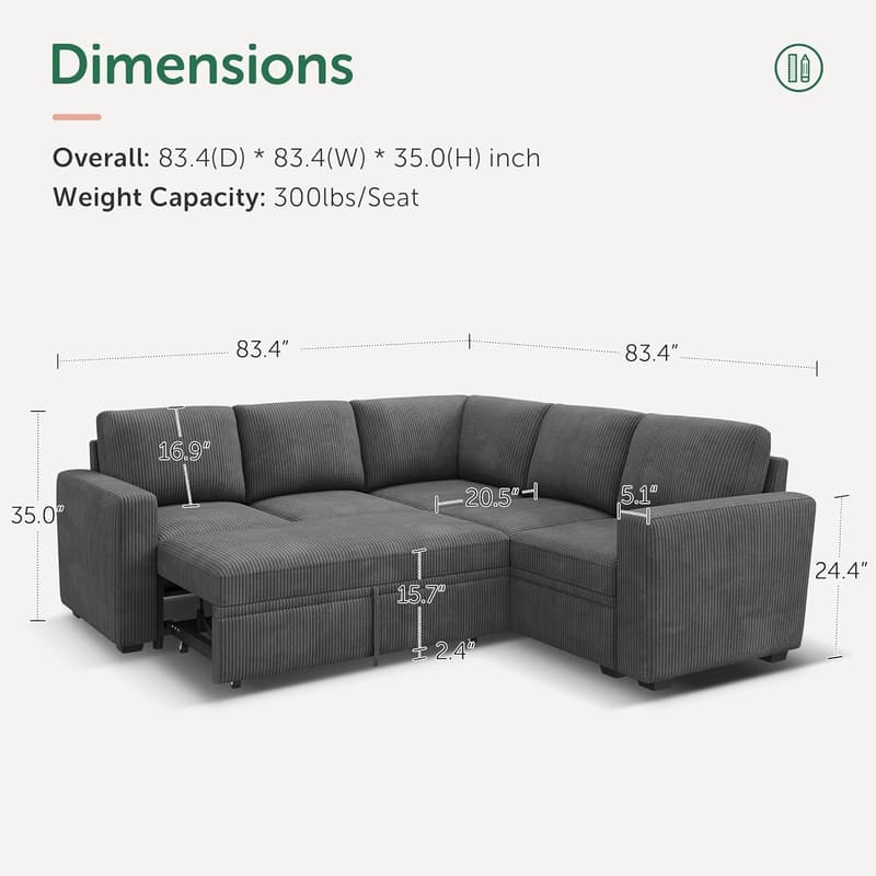 Convertible Dark Grey Corduroy Sectional Sofa with Storage