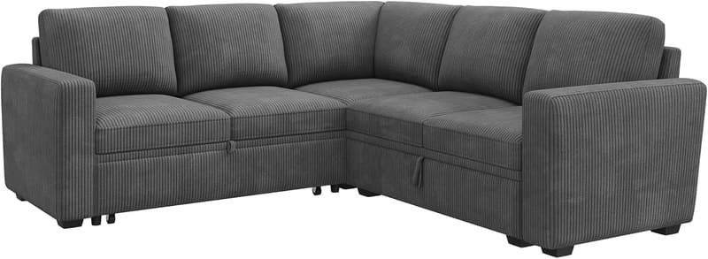 Convertible Dark Grey Corduroy Sectional Sofa with Storage