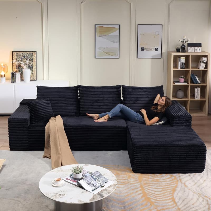 Modern Black Cloud Sectional Sofa with L-Shape Chaise