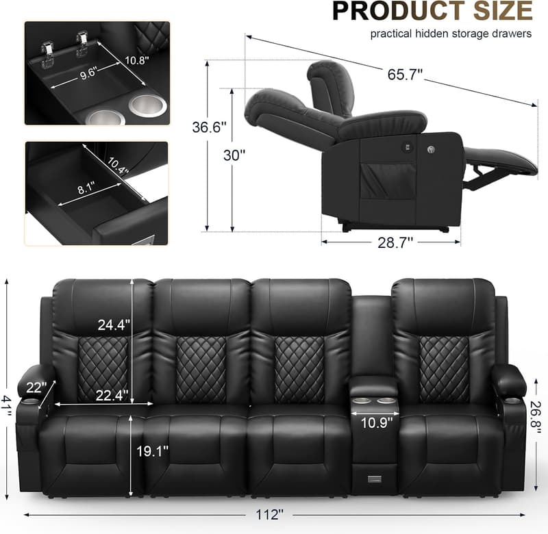 Large 4-Seat Recliner Sofa with Storage & USB Ports