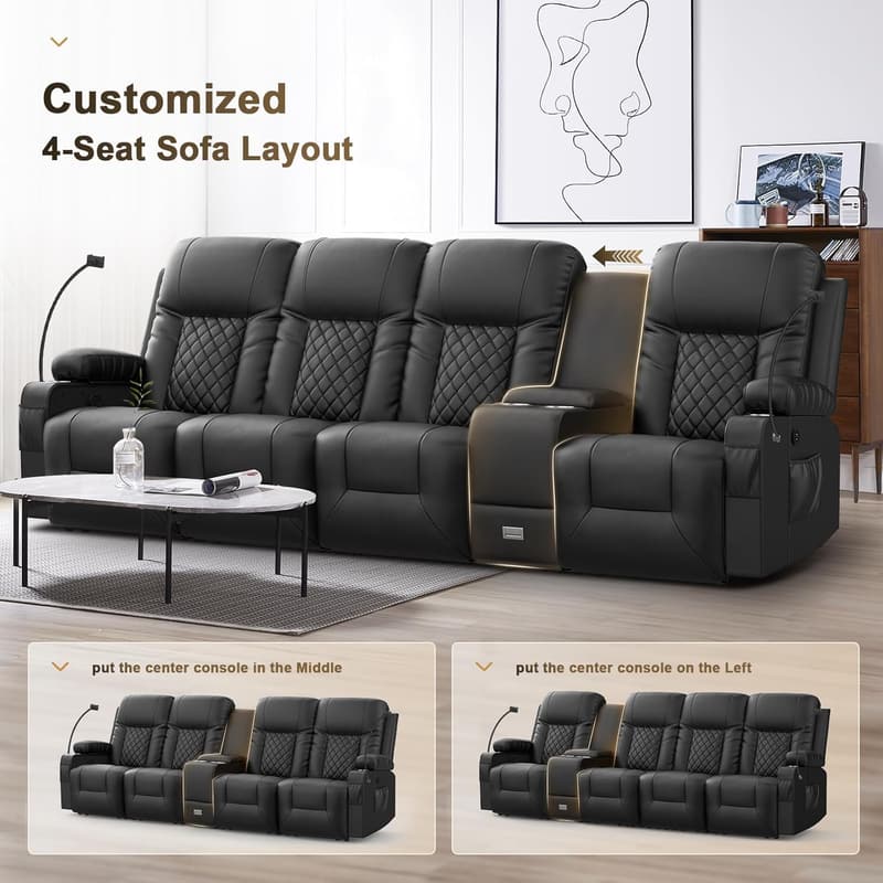Large 4-Seat Recliner Sofa with Storage & USB Ports