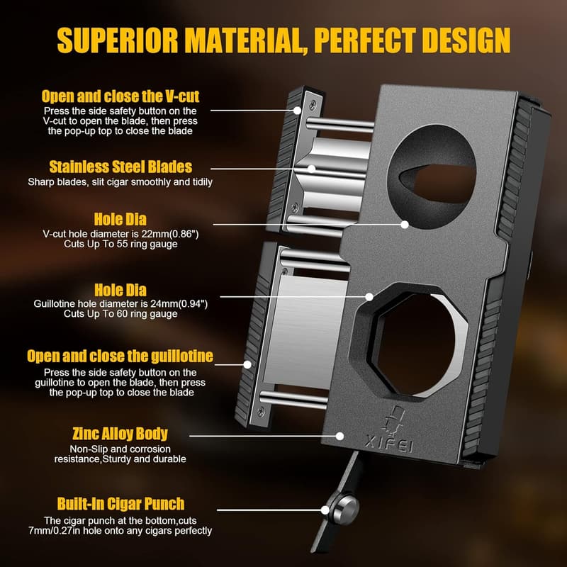 Ergonomic 3-in-1 Cigar Cutter with Stainless Steel Blade