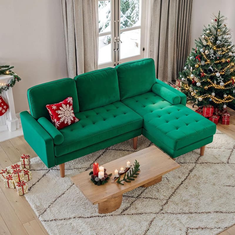 Mid-Century Green Velvet L-Shaped Sectional Sofa