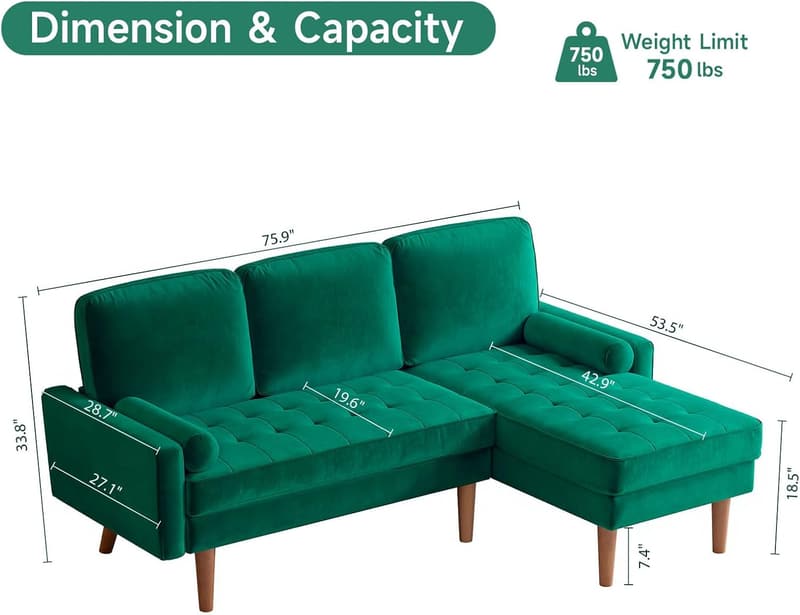 Mid-Century Green Velvet L-Shaped Sectional Sofa