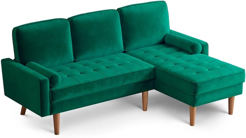 Mid-Century Green Velvet L-Shaped Sectional Sofa