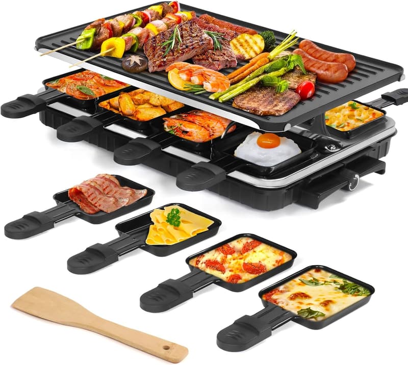 Electric Raclette Grill with 8 Pans for Family Gatherings