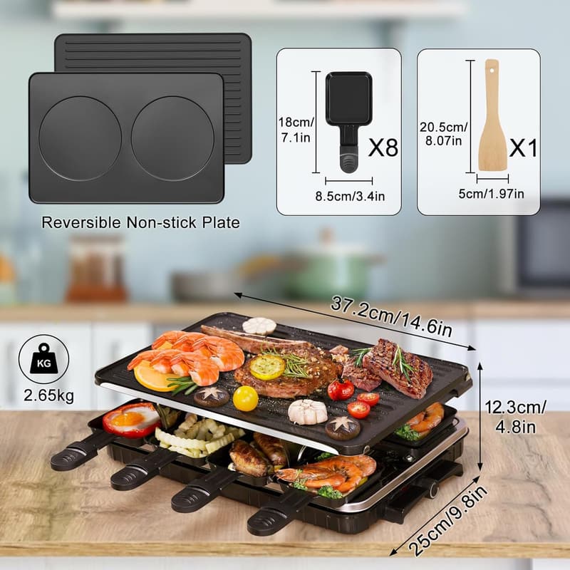 Electric Raclette Grill with 8 Pans for Family Gatherings