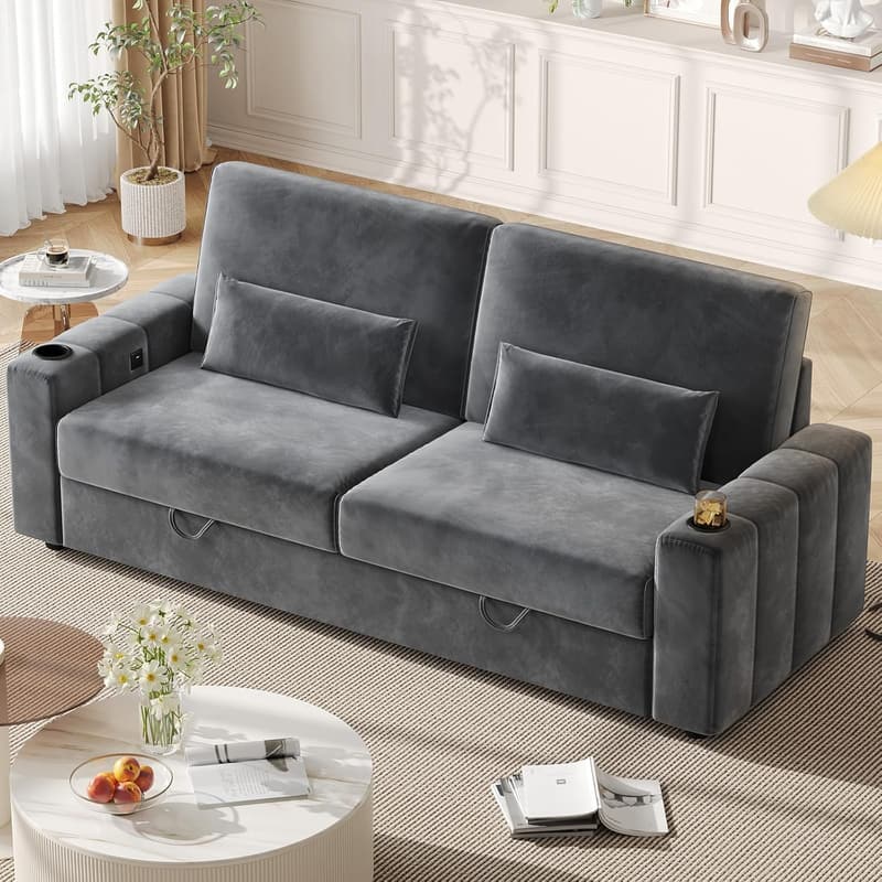 Modern 88-Inch Velvet Sofa with Storage & Cup Holder - Dark Grey