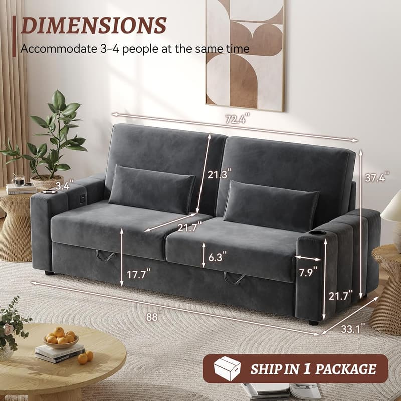 Modern 88-Inch Velvet Sofa with Storage & Cup Holder - Dark Grey