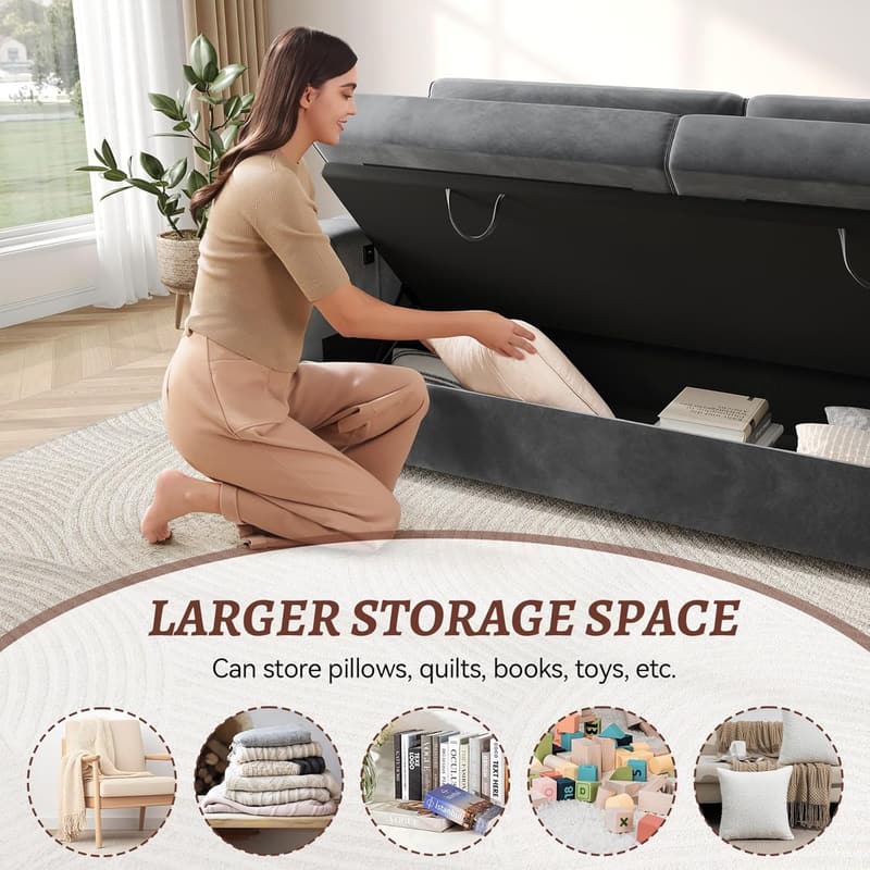 Modern 88-Inch Velvet Sofa with Storage & Cup Holder - Dark Grey