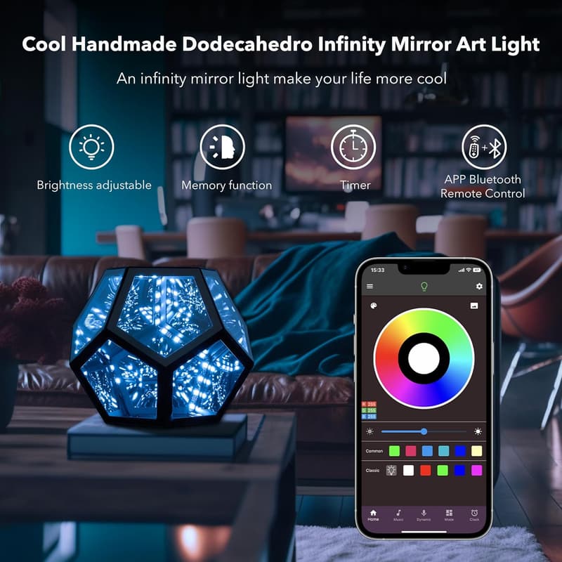 RGBW Infinity Dodecahedron Desk Lamp for Gaming Decor