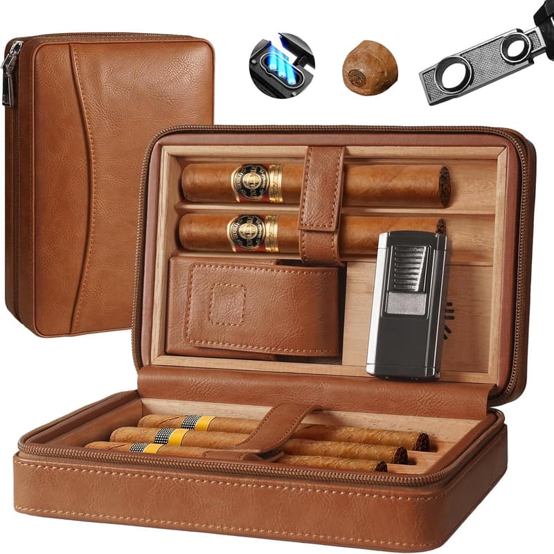 Brown Leather Cigar Humidor with Lighter, Punch & Holder