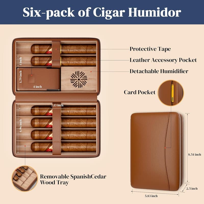 Brown Leather Cigar Humidor with Lighter, Punch & Holder