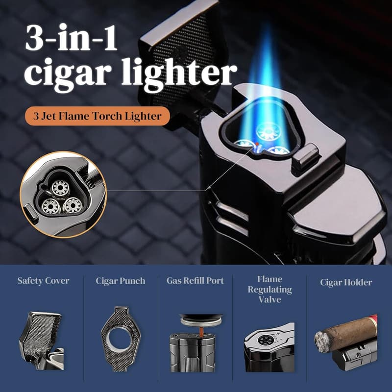 Brown Leather Cigar Humidor with Lighter, Punch & Holder