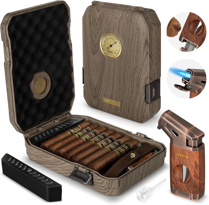 Portable Cedar-Lined Cigar Humidor Gift Set with Cutter & Lighter