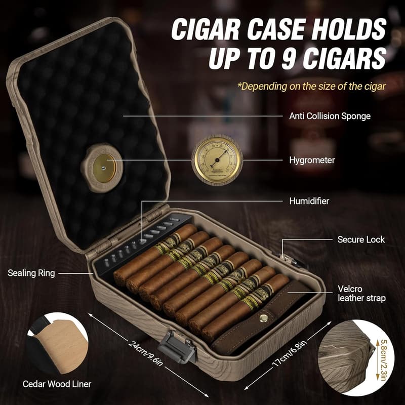 Portable Cedar-Lined Cigar Humidor Gift Set with Cutter & Lighter