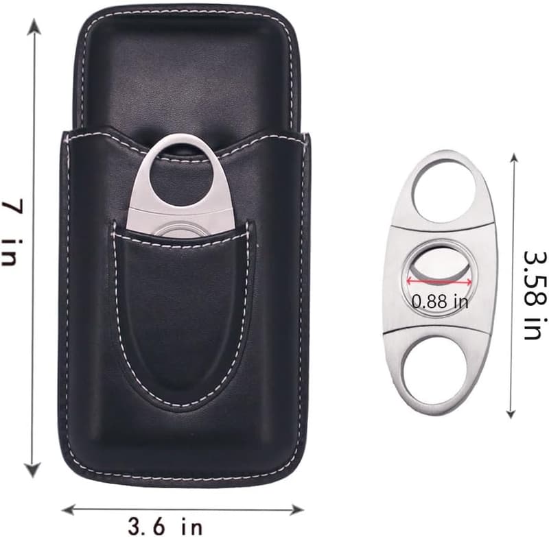 Vintage Black Leather Cigar Holder with Stainless Steel Cutter