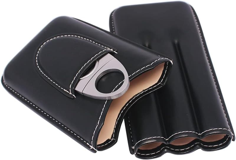 Vintage Black Leather Cigar Holder with Stainless Steel Cutter