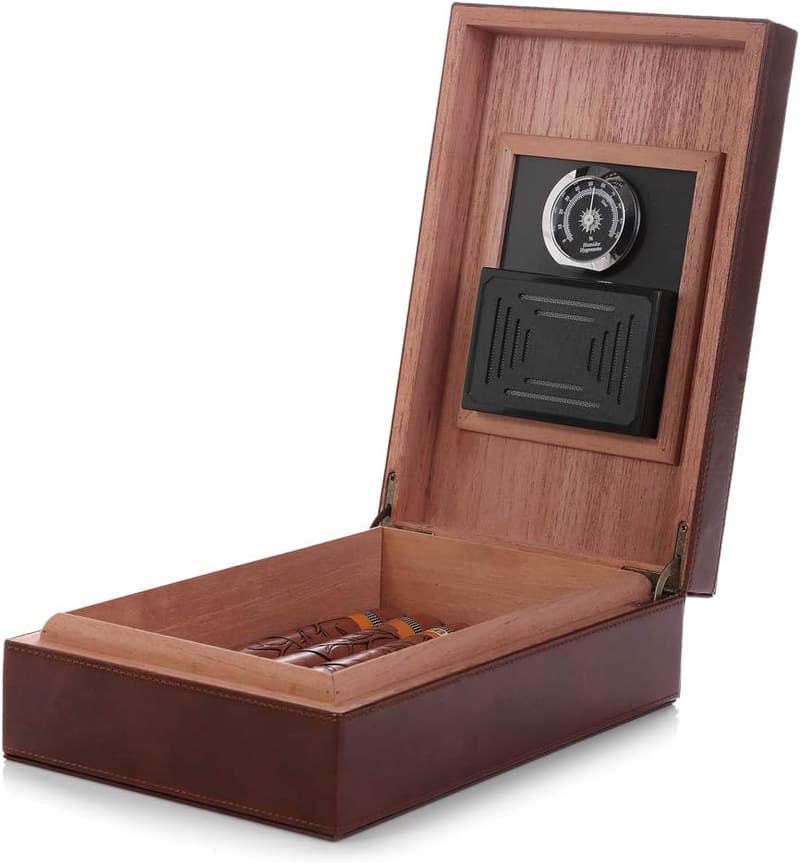 Handmade Cedar Cigar Humidor with Leather Surface & Hygrometer