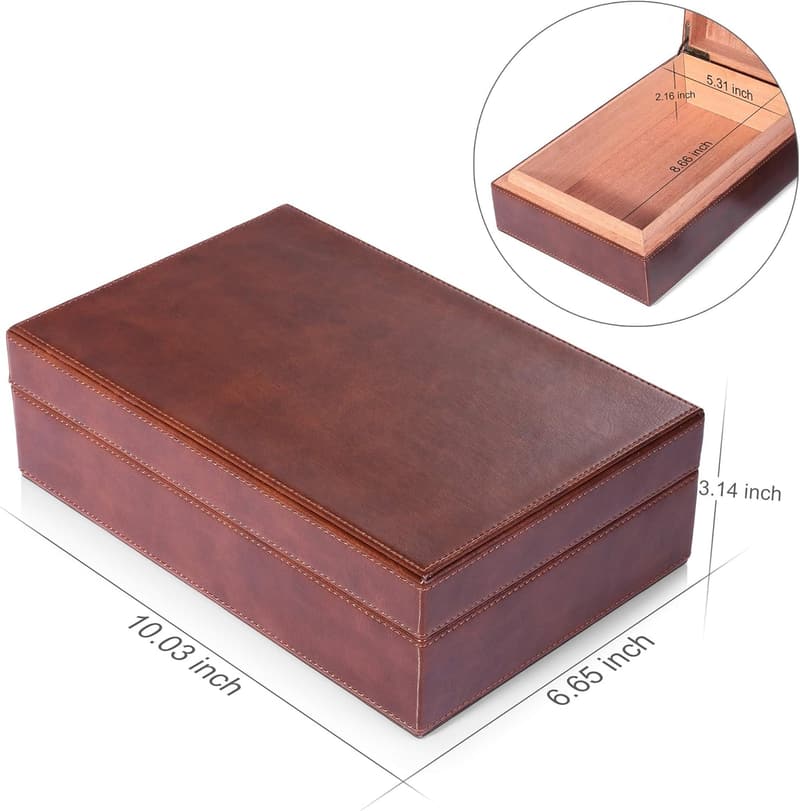 Handmade Cedar Cigar Humidor with Leather Surface & Hygrometer