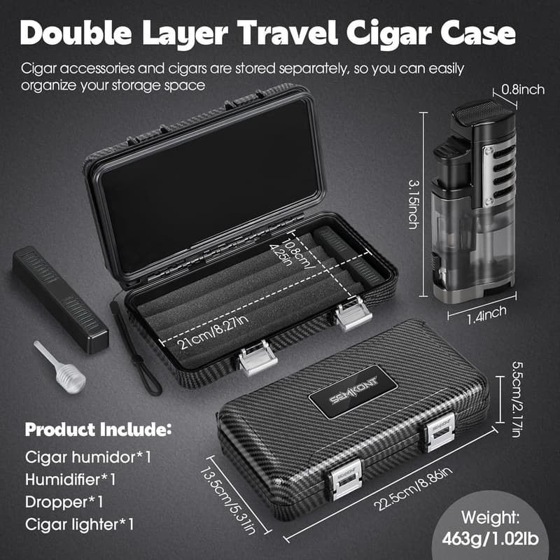Portable Travel Cigar Humidor Case - Holds 5 Cigars, Carbon Fiber