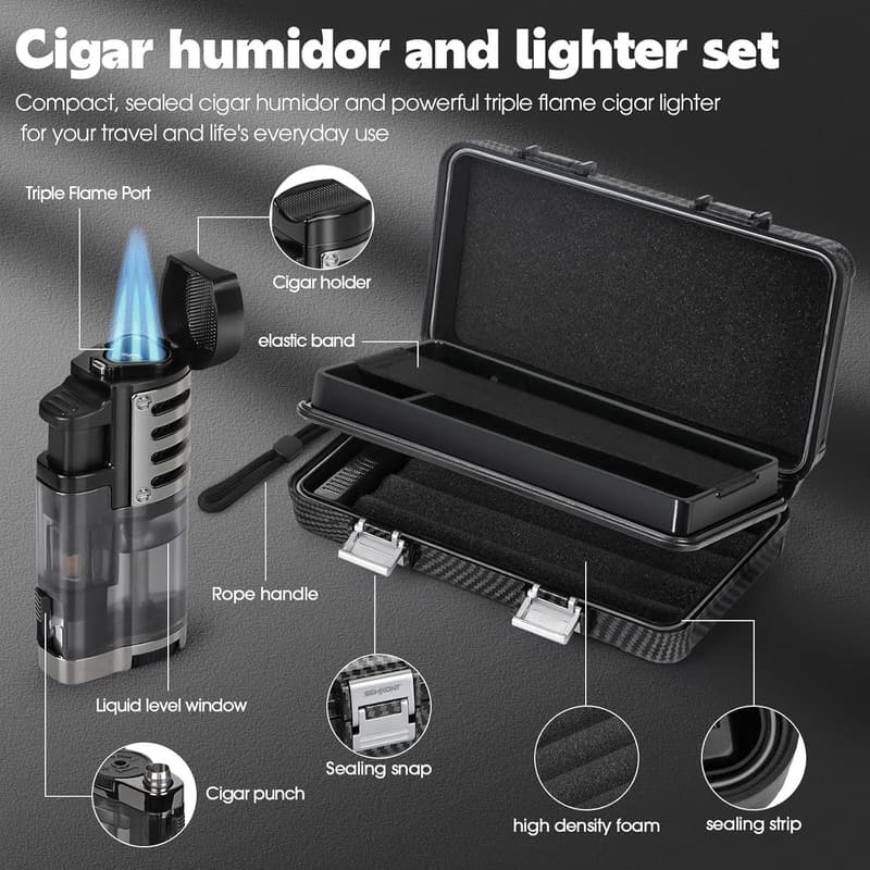 Portable Travel Cigar Humidor Case - Holds 5 Cigars, Carbon Fiber