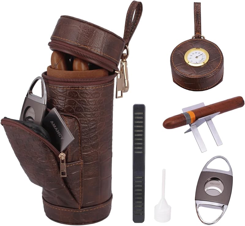 Cedar Wood Travel Cigar Case with Cutter & Hygrometer