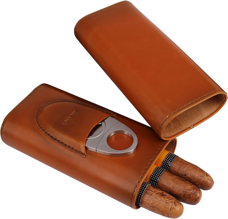 Premium Brown Leather Cigar Case with Cedar Lining and Cutter