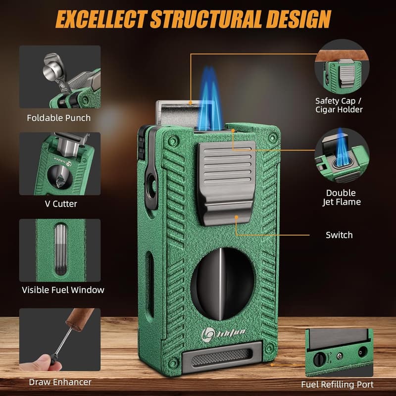 Double Jet Flame Cigar Torch Lighter with Built-in Cutter