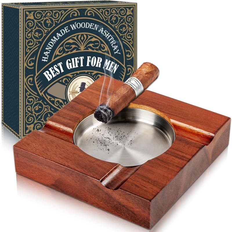 Square Wooden Cigar Ashtray Gift Set for Men - Indoor/Outdoor