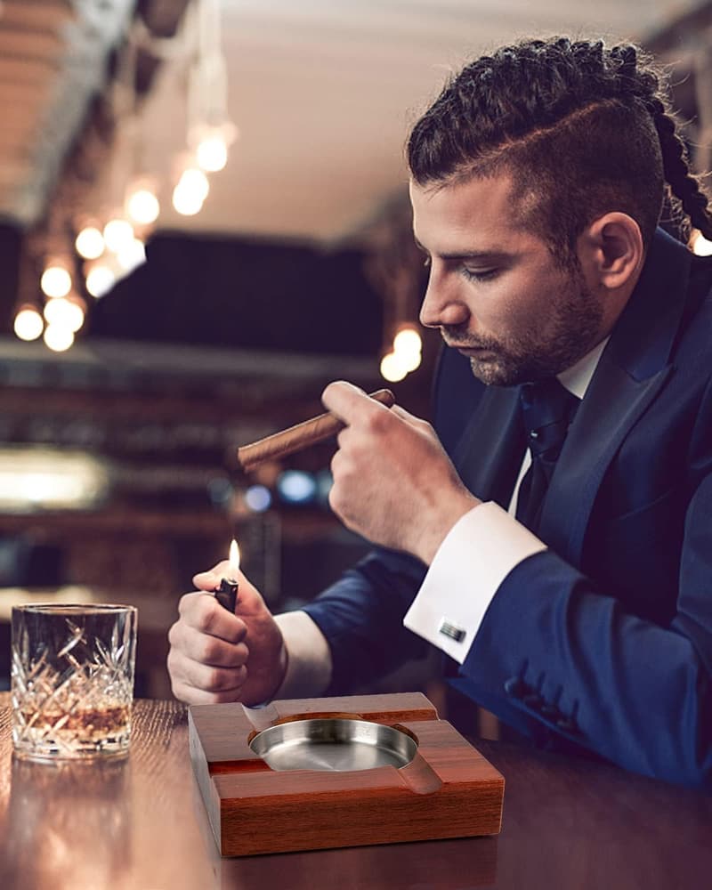 Square Wooden Cigar Ashtray Gift Set for Men - Indoor/Outdoor