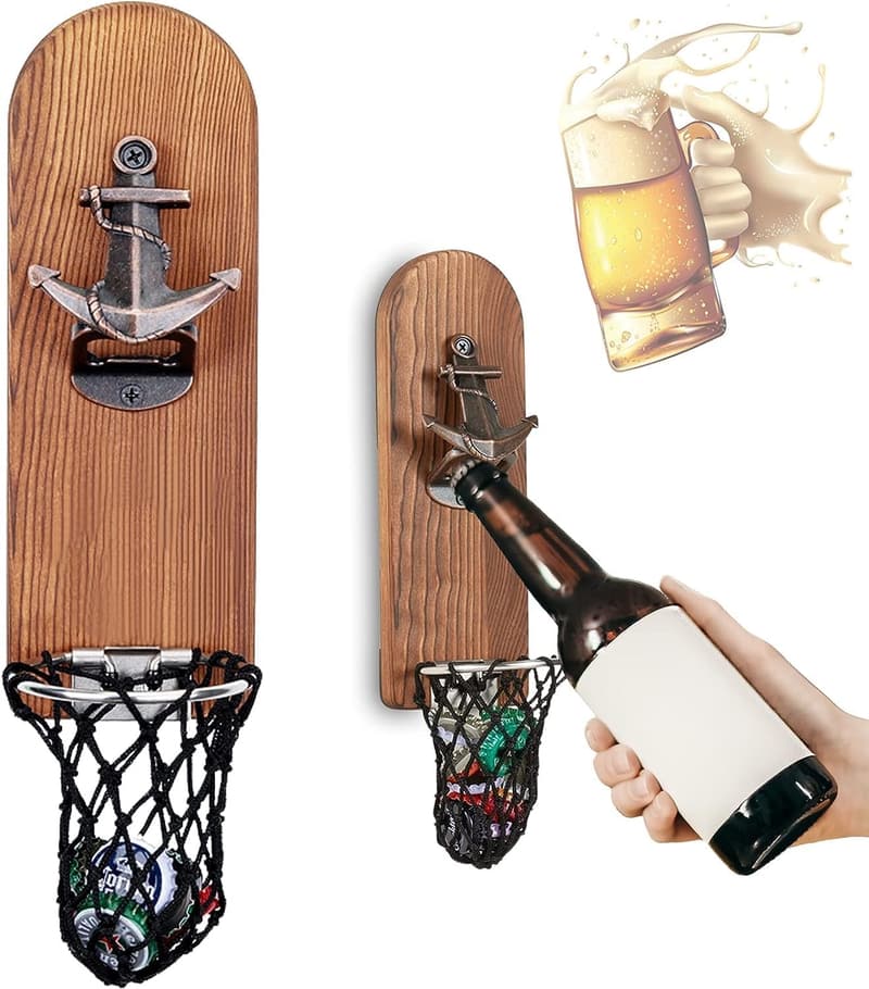 Vintage Wooden Wall-Mounted Beer Bottle Opener with Magnetic Catcher