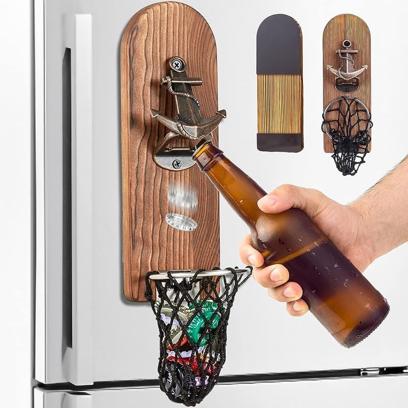 Vintage Wooden Wall-Mounted Beer Bottle Opener with Magnetic Catcher