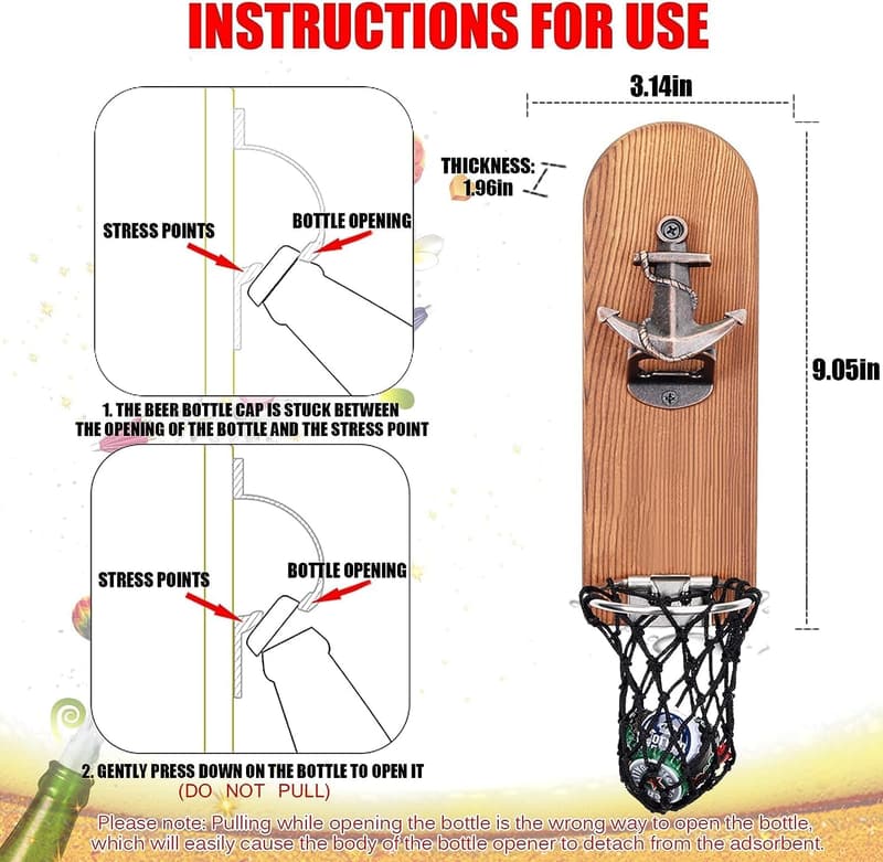 Vintage Wooden Wall-Mounted Beer Bottle Opener with Magnetic Catcher