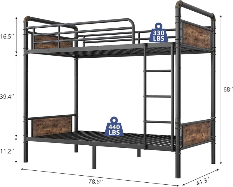 Industrial Twin Over Twin Metal Bunk Bed with Guard Rails