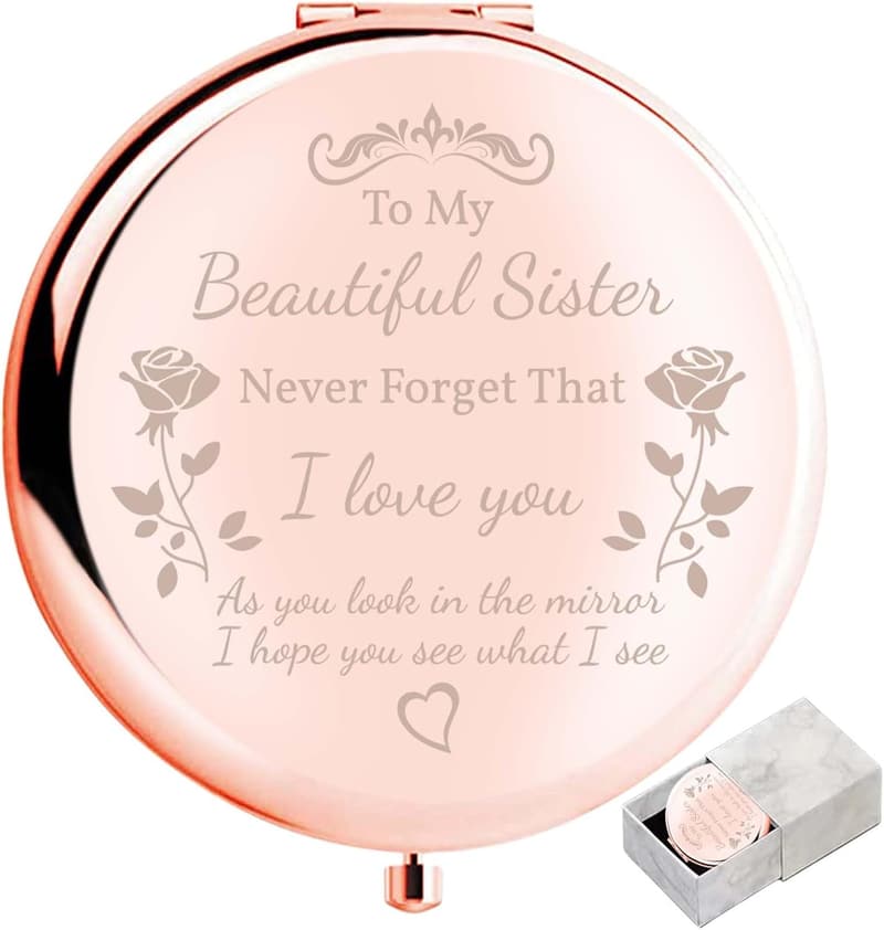 Rose Gold Compact Mirror for Sisters - Unique Gift for Her