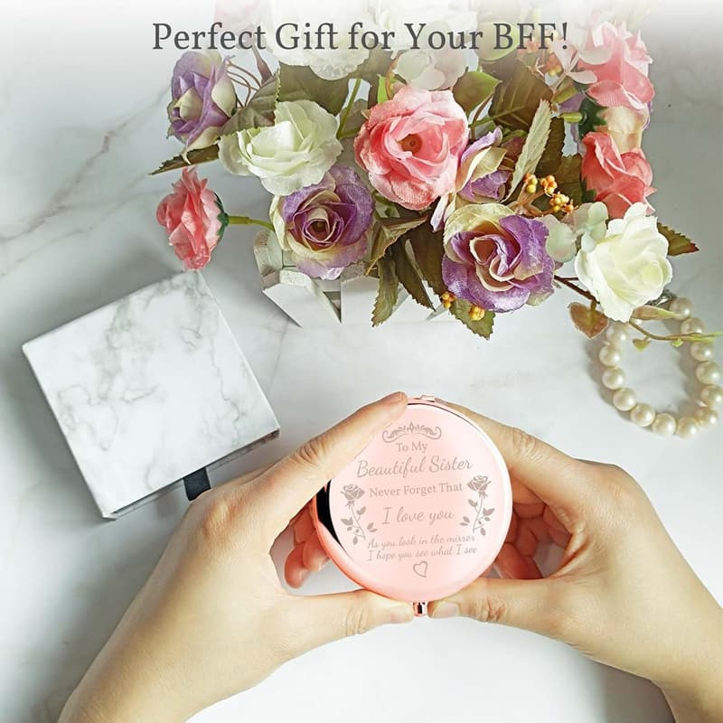 Rose Gold Compact Mirror for Sisters - Unique Gift for Her