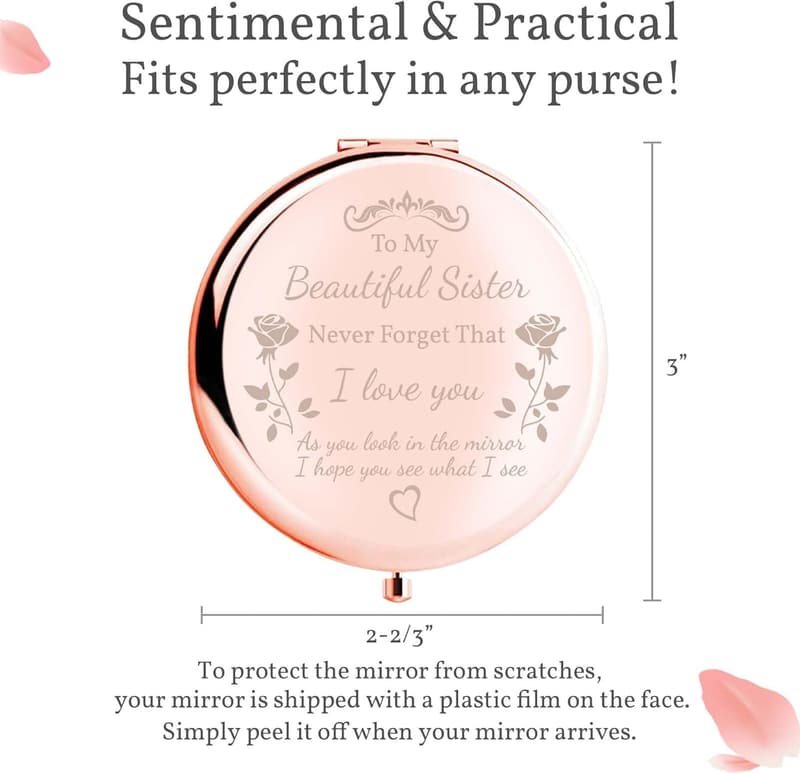 Rose Gold Compact Mirror for Sisters - Unique Gift for Her