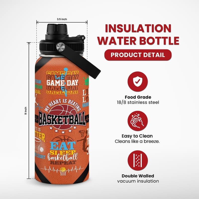 32oz Stainless Steel Insulated Basketball Water Bottle