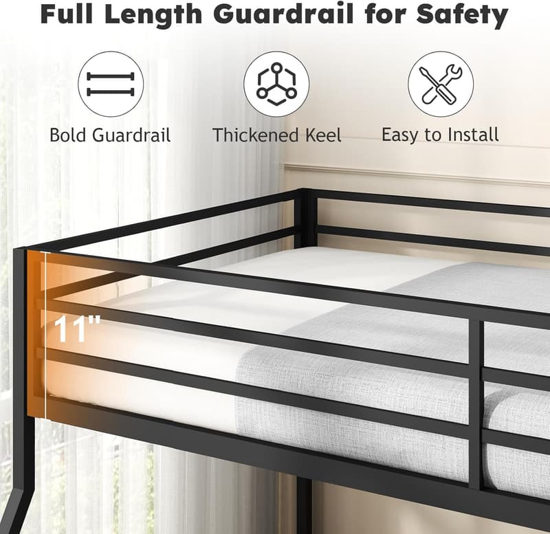 Space-Saving Twin Over Full Metal Bunk Bed with Guardrail and Ladder