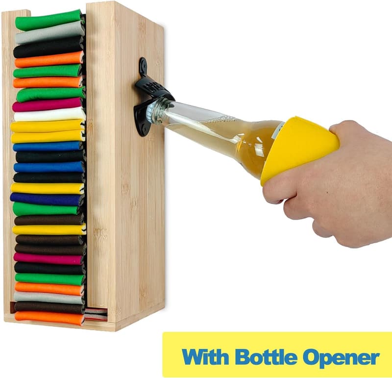 Bamboo Beer Can Cooler with Opener - Great Gift for Dad