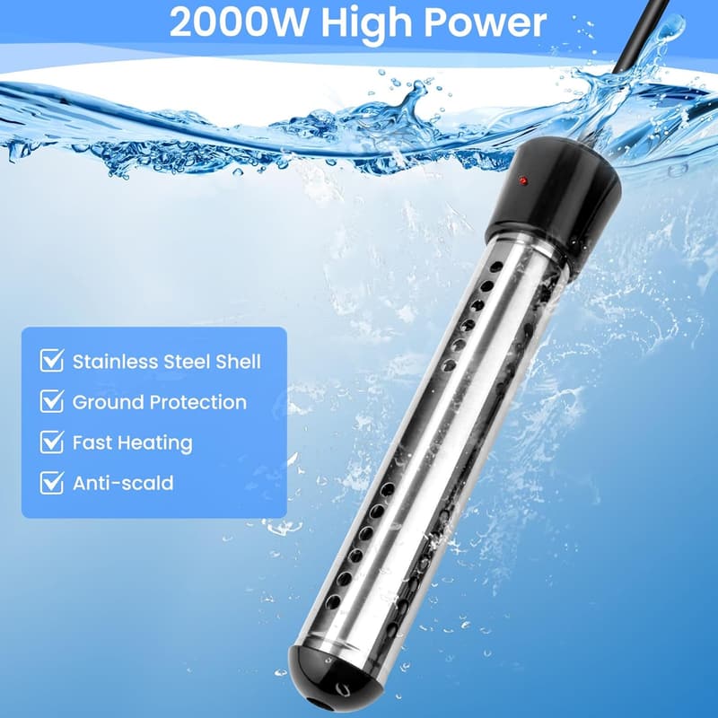 Portable 2000W Electric Water Heater with Digital LCD Thermometer