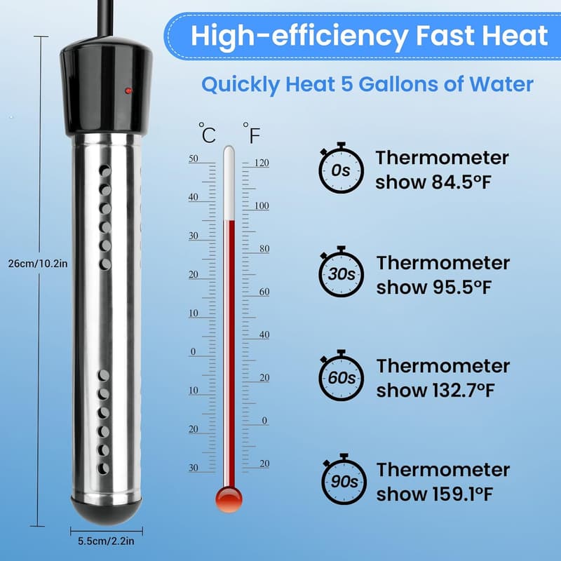 Portable 2000W Electric Water Heater with Digital LCD Thermometer