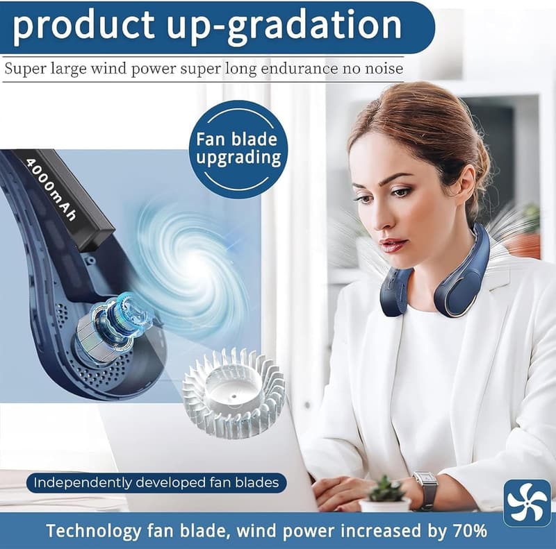USB Rechargeable Neck Fan - 4000 mAh, 3 Adjustable Speeds