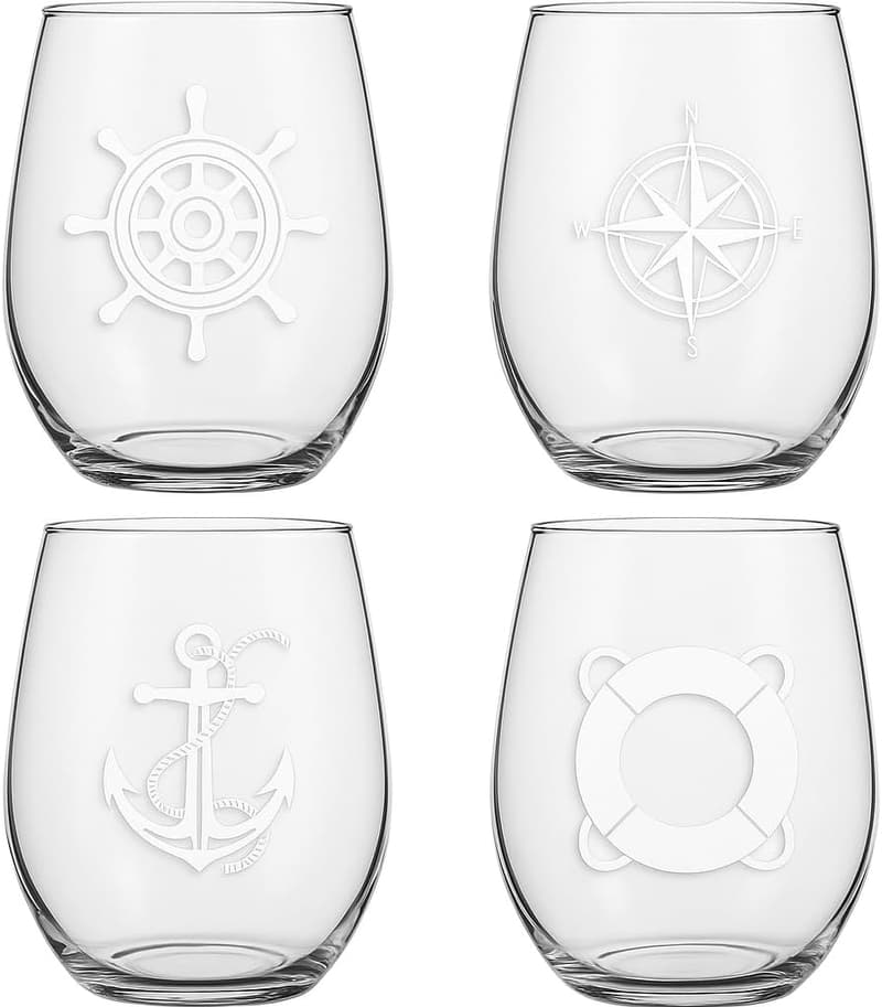 Set of 4 Nautical Stemless Wine Glasses – Unbreakable Tritan
