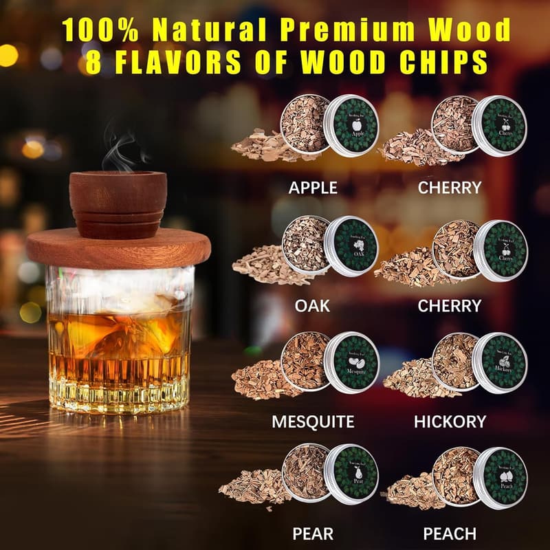 Whiskey Smoker Infuser Kit – 8 Flavor Wood Chips for Cocktails