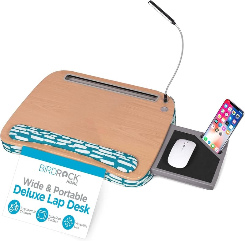 Deluxe Lap Desk with Pillow Cushion and USB Light - Teal & Brown