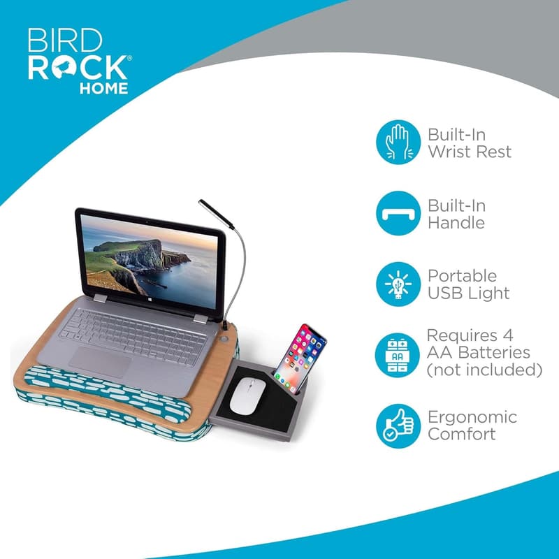 Deluxe Lap Desk with Pillow Cushion and USB Light - Teal & Brown