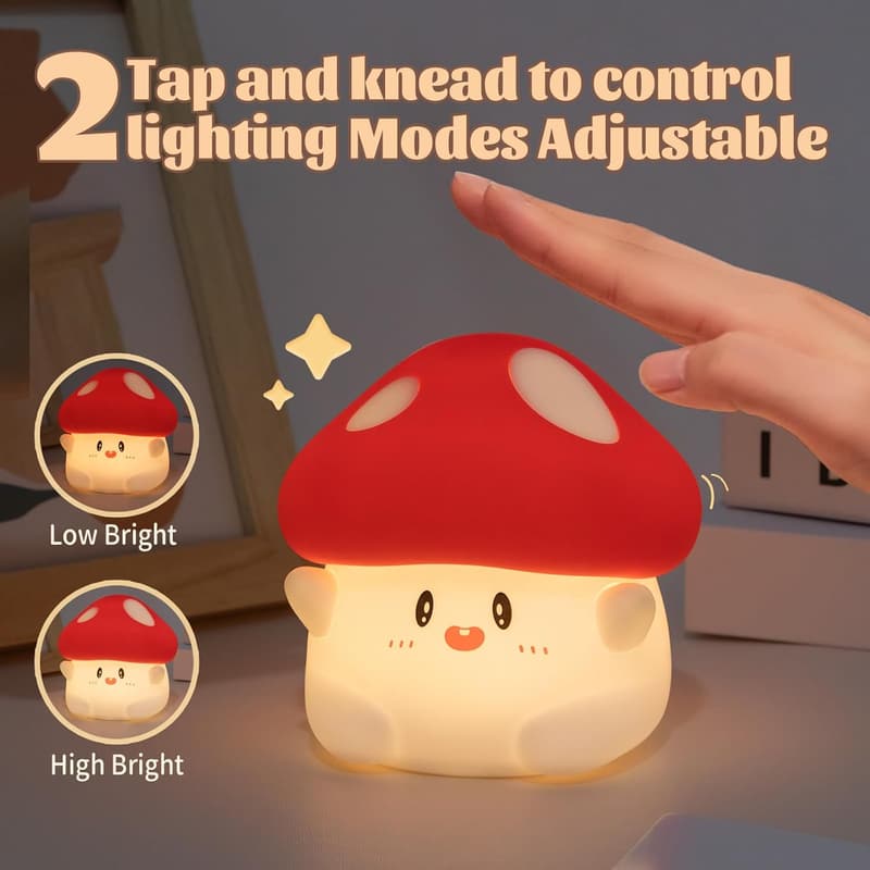 Cute Dimmable Mushroom Night Light for Kids - Rechargeable Silicone Lamp